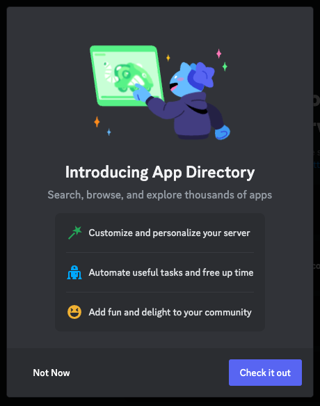 A window will pop up titled "Introducing App Directory" explaining what you can do in the directory. Click on "Check it out".