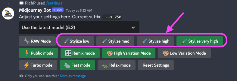 How to change the --stylize setting in Midjourney by accessing the Midjourney bot settings