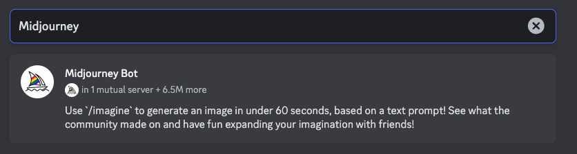 You will then see a list of results with "Midjourney Bot" at the top. Click on it.