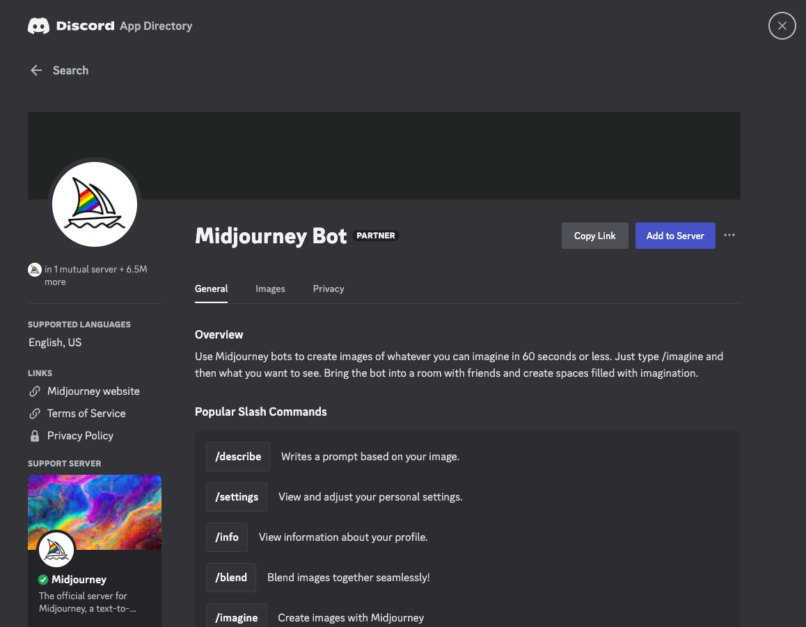 This will then take you to the Midjourney Bot App page where you can see all the relevant information about Midjourney. Click "Add to Server"