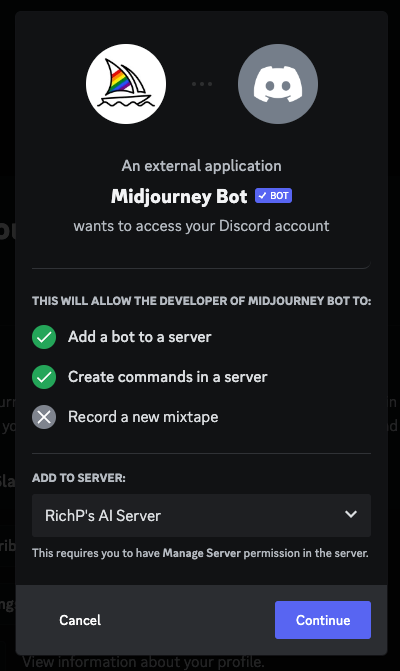 A small window will pop up that explains the access that Midjourney Developer will have on your Discord account. Click "Continue".