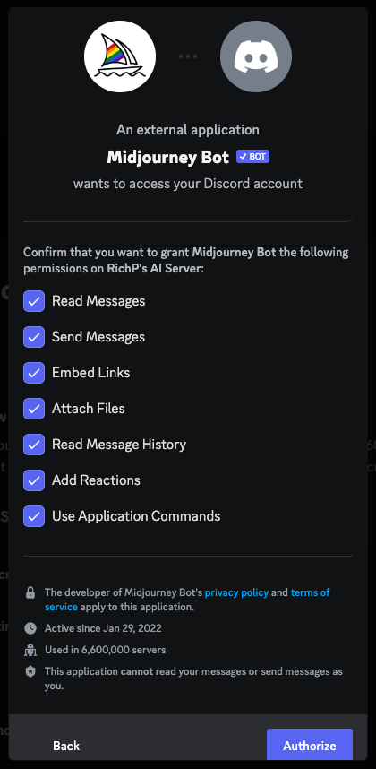 Another pop-up will appear with the various permissions that you can grant the Midjourney Bot on your server.