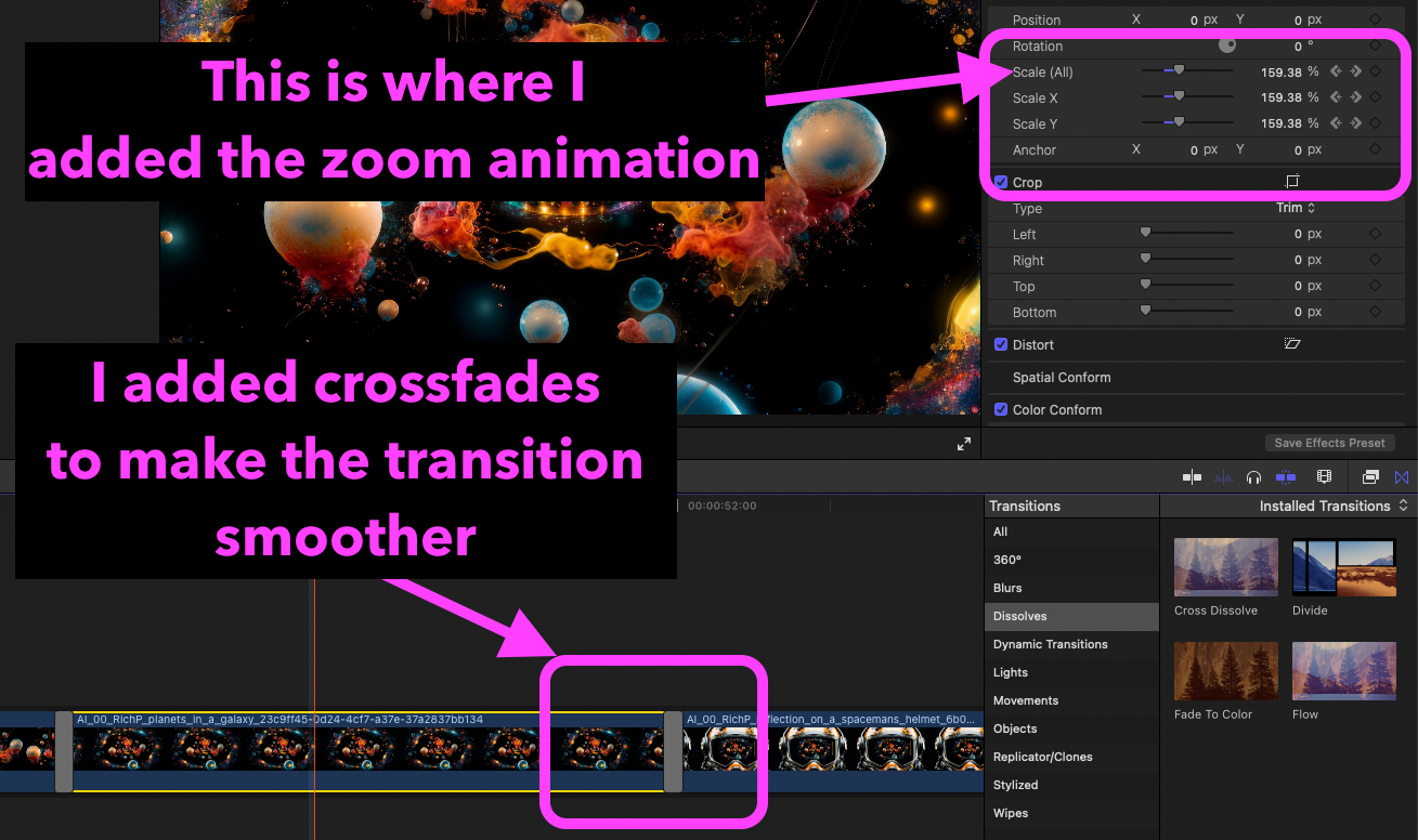 Adding keyfranmes and transitions to make the inifinite zoome using Midjourney images