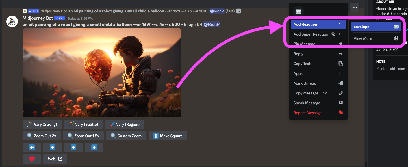 How to Find the Seed in a Midjourney Image - clicking the more button to add the envelope reaction