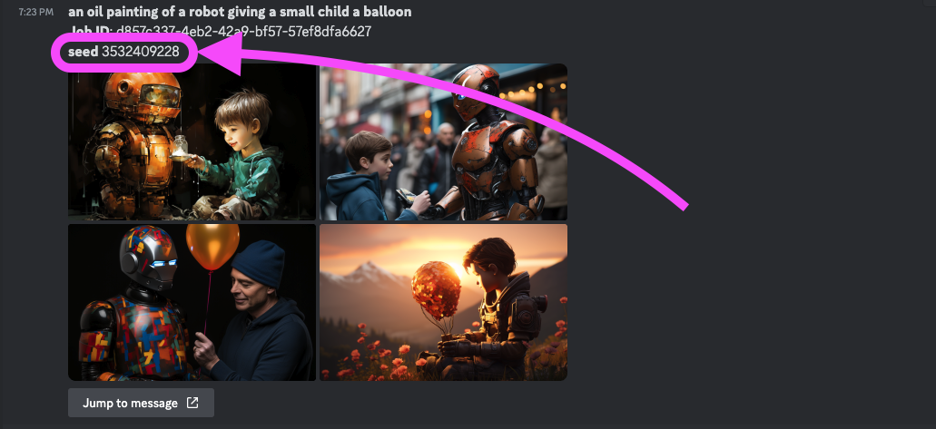 How to Find the Seed in a Midjourney Image - showing the seed number for a grid