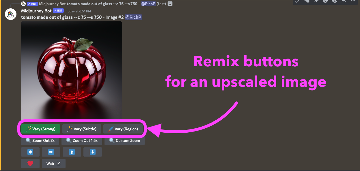 The Remix buttons on an upscaled image in Midjourney