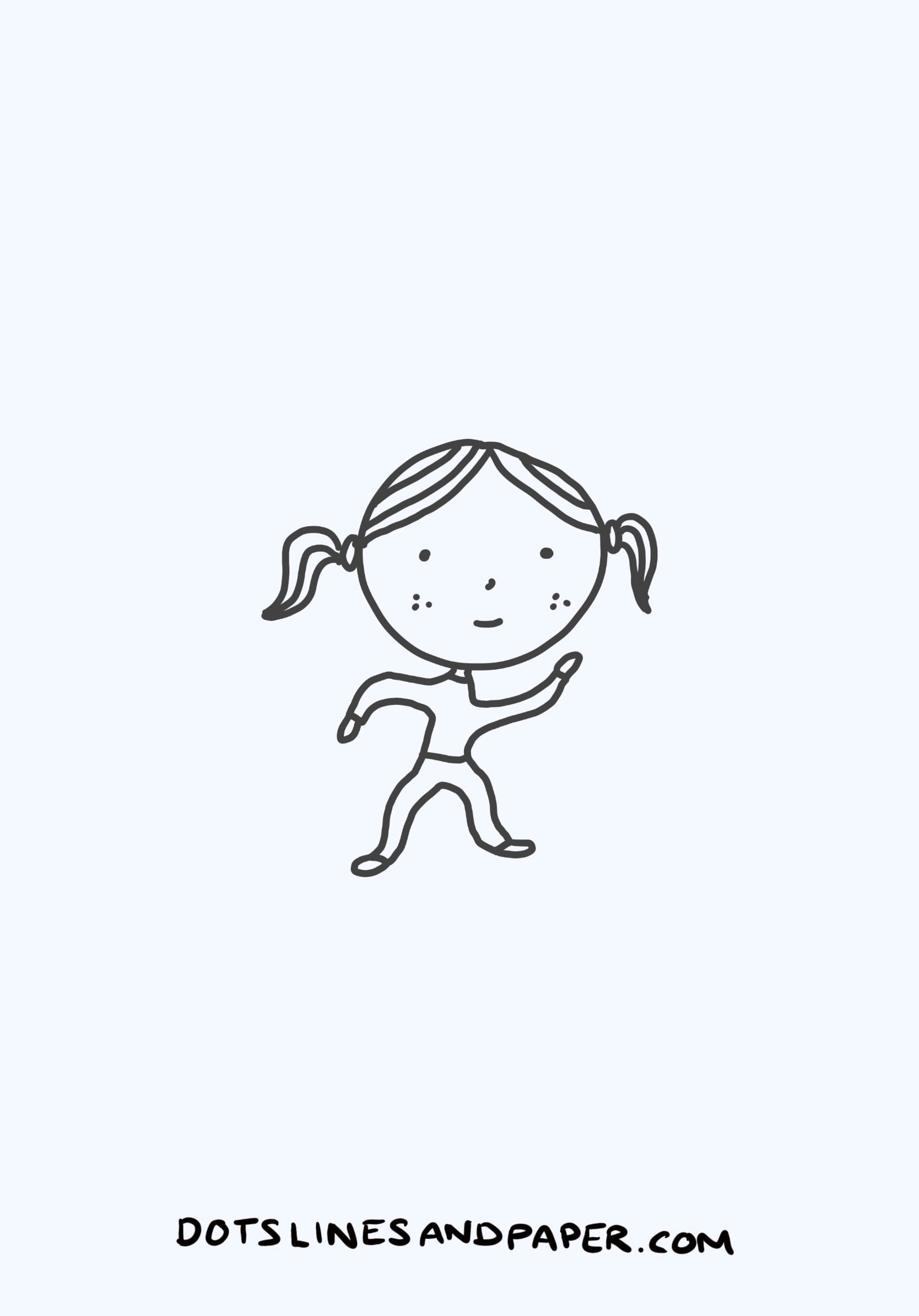 cartoon like drawing of a girl with pig tails dancing